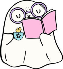 Obraz premium Bookish Ghost Reading Pastel Halloween Trendy Retro Groovy Cartoon Doodle
