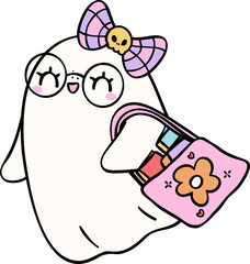 Bookish Ghost Reading Pastel Halloween Trendy Retro Groovy Cartoon Doodle