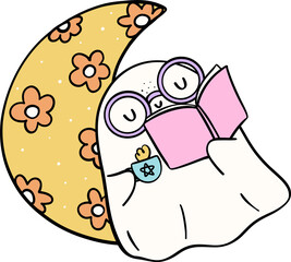 Bookish Ghost Reading Pastel Halloween Trendy Retro Groovy Cartoon Doodle