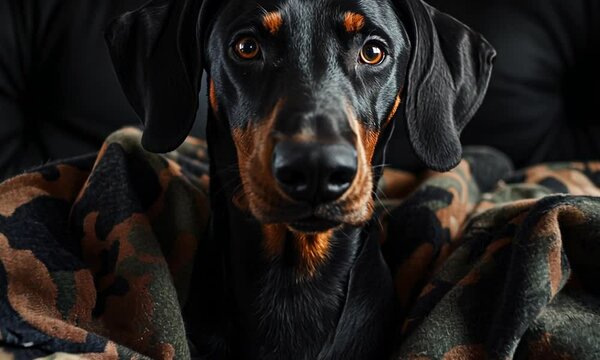 Black and Tan Dog Resting on a Camouflage Blanket