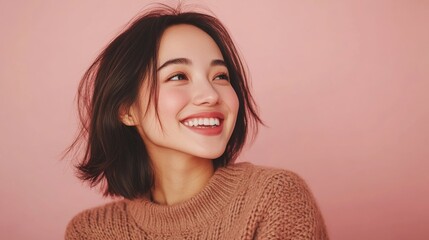 A young woman with a warm tan complexion radiates confidence while wearing a cozy sweater. Her cheerful smile stands out beautifully against the soft pink backdrop