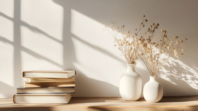 A simple arrangement of white ceramic vases filled with dried flowers sits beside stacked books, illuminated by soft natural light creating a serene atmosphere