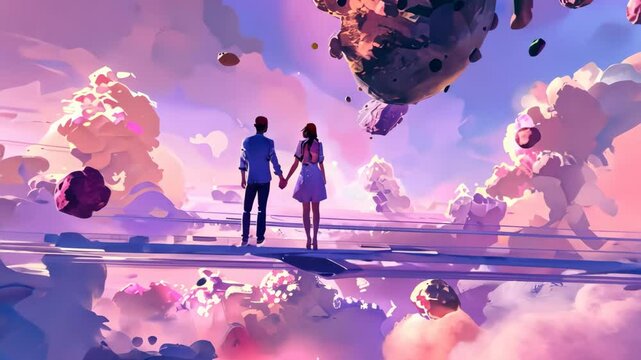 Space girl and boy holding hands floating in the sky surrounded by flying rocks in dreamy pastel colors.