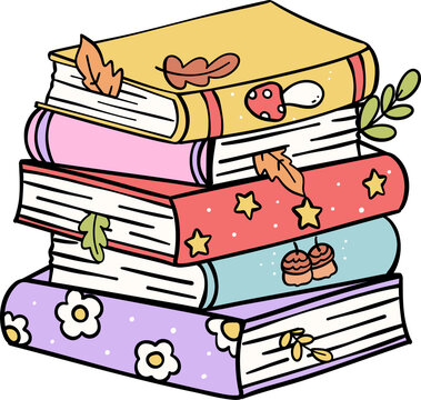 Trendy Groovy Autumn stacked Books Doodle Drawing  Retro Pastel Design
