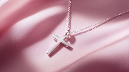 A delicate silver cross necklace lies gracefully on a smooth pastel pink surface, its soft shadows creating a serene and elegant atmosphere