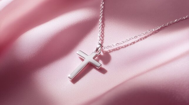A delicate silver cross necklace lies gracefully on a smooth pastel pink surface, its soft shadows creating a serene and elegant atmosphere