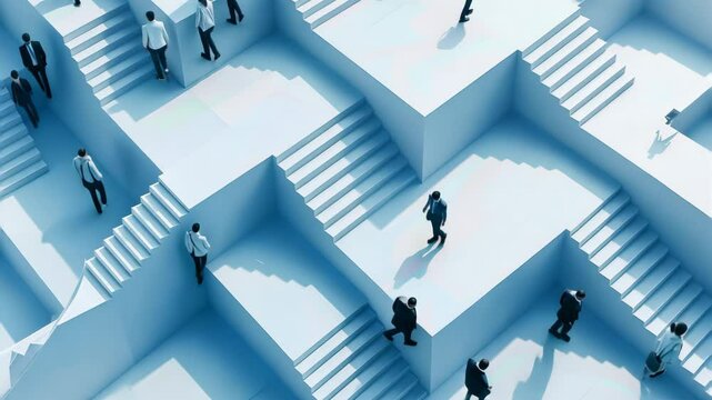 Business people walking on white stairs in different directions symbolizing growth and success in business.