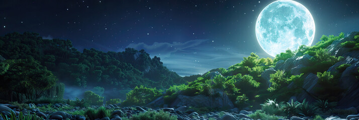 Lunar Symphony: A rocky hillside covered in lush greenery, illuminated by the full moon, creating a surreal, almost musical scene.