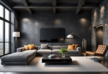 Modern interior of a living room. Penthouse Loft with dark stone walls (3d Rendering)