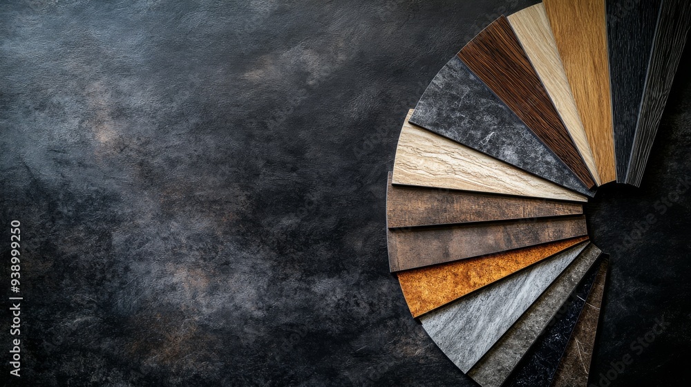 Poster a vibrant display of various luxurious vinyl floor tiles arranged in a fan shape, highlighting a ran
