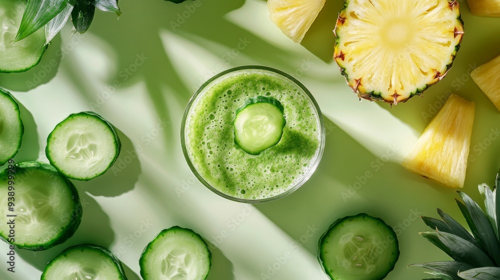 Poster a closeup view captures a green smoothie in a clear glass, complemented by fresh cucumber slices and
