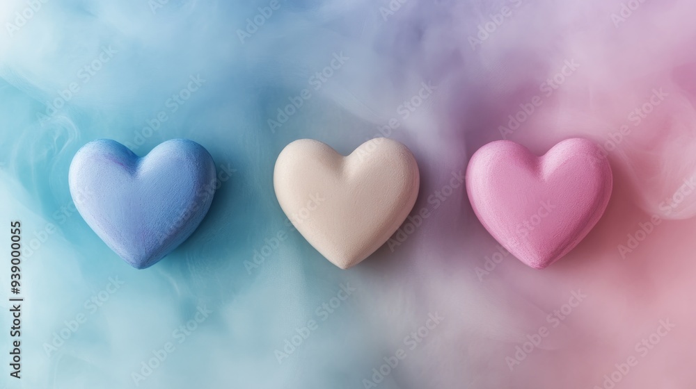 Poster Three small heart symbols in pastel colors are arranged closely on a solid background, creating a visually appealing decorative element suitable for various themes