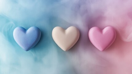 Fototapeta premium Three small heart symbols in pastel colors are arranged closely on a solid background, creating a visually appealing decorative element suitable for various themes