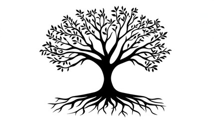 Bold black tree silhouette with roots, cleanly isolated on a white background, vector design emphasizing natural strength and endurance.
