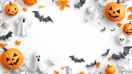White blank vertical sheet around it halloween elements - pumpkins, bats, ghosts, skeletons. Banner with free space for text. Generative AI