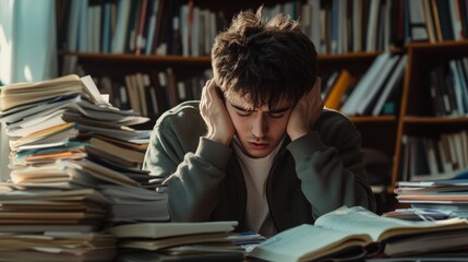 A young male student sits at a messy desk, his head in his hands, feeling stressed and frustrated amidst stacks of study materials and books