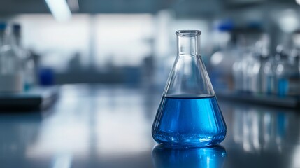 An Erlenmeyer flask filled with bright blue liquid stands prominently on a polished surface, highlighting the laboratory setting and the atmosphere of scientific inquiry