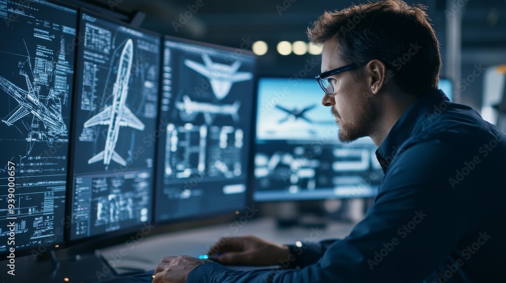 Poster an engineer focuses on complex aircraft designs displayed across multiple high-resolution screens in