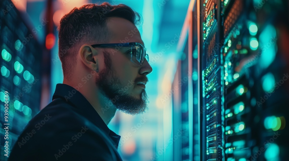 Poster an engineer works intently in a server room filled with racks of servers, ensuring optimal operation