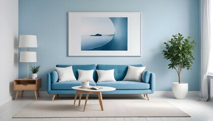 Interior mockup In a white room a blue sofa is placed next to a photo frame on the wall