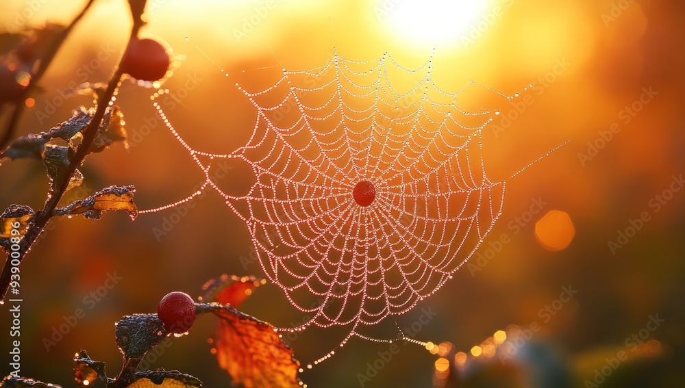 Poster a spider web with dew drops in the golden hour with a bright background.
