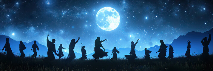 Celestial Dance: A group of people performing a ritual dance, their movements guided by the light of the full moon.