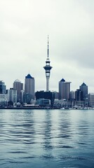 Obraz premium Sky Tower Over Auckland Skyline Reflected in Water