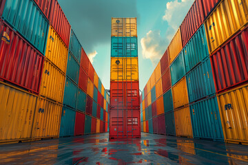 Fototapeta premium Vibrant, colorful shipping containers stacked high in an industrial yard, symbolizing global trade, logistics, and cargo management. 