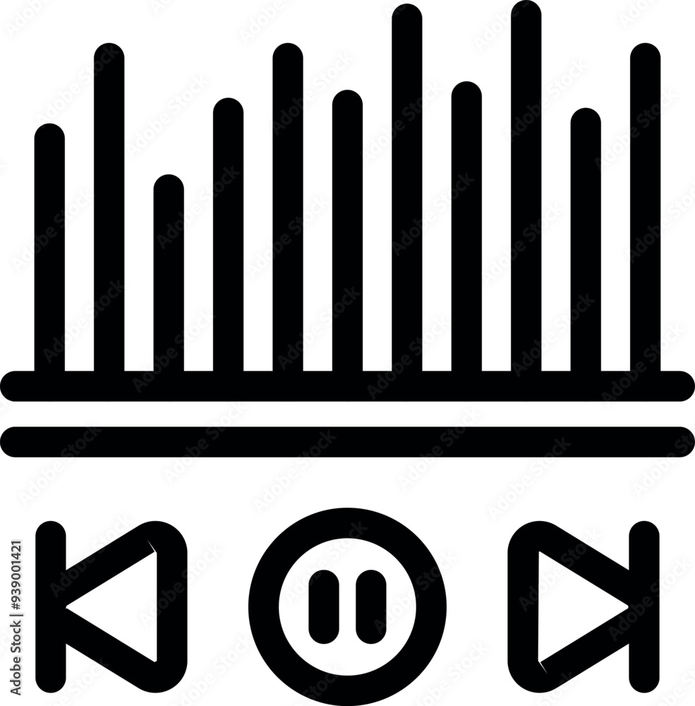 Poster audio player interface showing sound wave with play, pause, previous and next button