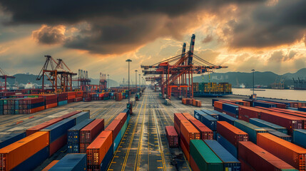 A busy container terminal filled with colorful shipping containers and towering cranes at sunset, symbolizing global trade, maritime logistics, and industrial port operations.
