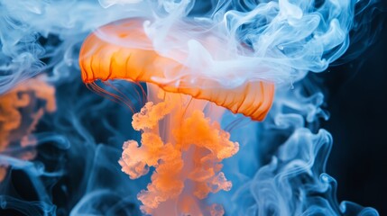 Obraz premium Blue smoke background, an artificial intelligence orange jellyfish 