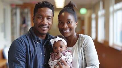 A joyful couple smiles with their newborn in a bright hospital corridor, celebrating new beginnings