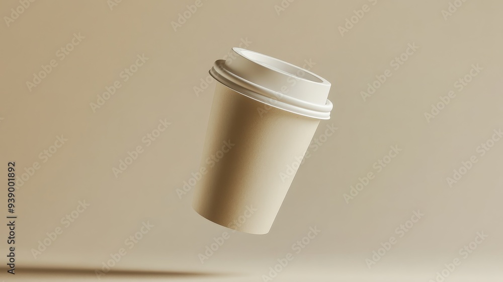 Poster a paper coffee cup with a lid appears to float midair, captured from a front angle against a smooth,