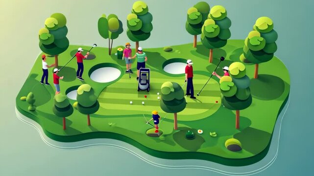 Golf training isometric composition with people playing golf on a green grass field with trees illustration.