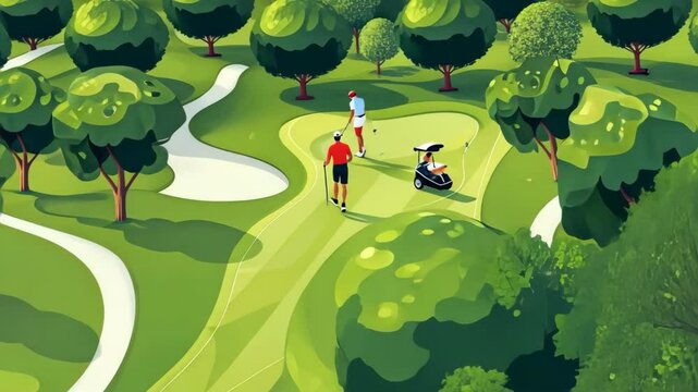 Golf training isometric composition with people playing golf on a green grass field with trees illustration.
