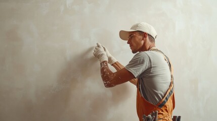 A handyman is focused on applying wallpaper to a wall in a residential setting, demonstrating attention to detail and expertise in home improvement