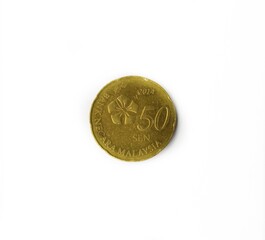 50 cent Malaysian coin on white background 