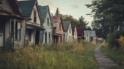 A row of crumbling houses lines the forgotten street, showcasing broken windows and weathered facades surrounded by overgrown grass and weeds, reflecting years of neglect