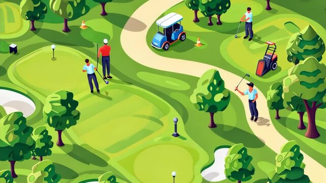 Golf training isometric composition with people playing golf on a green grass field with trees illustration.