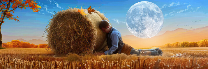 Harvest Moon Kiss: A farmer rests his head on a freshly harvested hay bale, basking in the warmth of the autumn moon.