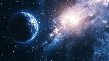 A vibrant blue planet against a backdrop of twinkling stars and a glowing galaxy.