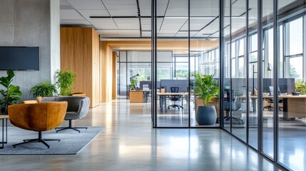 This modern corporate office features sleek glass walls and open workspaces, showcasing minimalist furniture and greenery for a productive environment