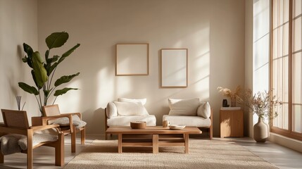 Fototapeta premium This living room features a harmonious blend of Scandinavian and Japanese design elements, showcasing elegant furniture and a soothing color palette with natural light streaming in