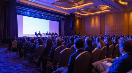 An attentive audience is seated in neat rows, focusing on a stage where multiple speakers present various topics in an elegant conference setting