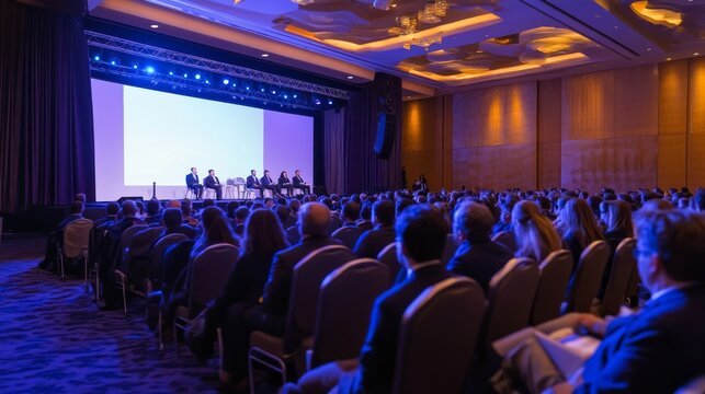An attentive audience is seated in neat rows, focusing on a stage where multiple speakers present various topics in an elegant conference setting - Powered by Adobe