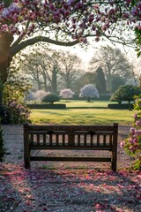 Fototapeta premium The wooden bench offers a tranquil spot surrounded by blossoming flowers and lush greenery in a beautiful garden