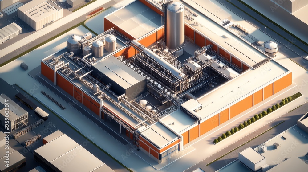 Poster this rendering presents a detailed topdown view of an industrial complex, highlighting sophisticated