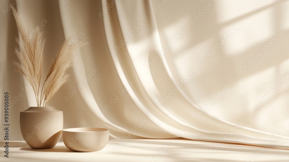 Poster this composition features a smooth beige backdrop illuminated by soft lighting, highlighting decorat