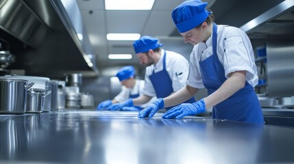 A dedicated team of three, dressed in blue overalls and white shirts, diligently cleans countertops in a bustling commercial kitchen, ensuring everything is spotless