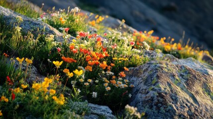 Obraz premium Vibrant wildflowers bloom across a rocky hillside, illuminated by soft sunlight that casts gentle shadows, creating a picturesque spring landscape